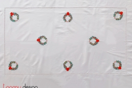 Christmas rectangle table cloth included with 14 napkins- Holly embroidery (size 400x200 cm)